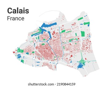 Calais vector map. Detailed map of Calais city administrative area. Cityscape panorama. Royalty free vector illustration. Road map with highways, rivers. svg