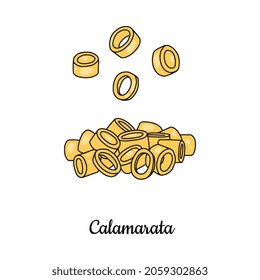 Calamarata pasta in colored sketch style, vector illustration isolated on white background. Italian ring shaped pasta, food element for cafe, restaurant menu.