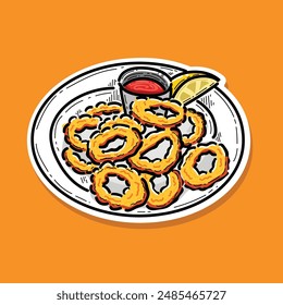 Calamari fried squid circle Spanish Tapa. Deep fried calamari rings with red liquid seasoning, similar to barbecue sauce or ketchup. Orange background and lettering Fast food. Handmade cartoon style