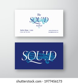 Calamary Seafood Abstract Vector Logo and Business Card Template. Hand Drawn Squid Illustration with Classy Retro Typography. Premium Stationary Realistic Mock Up. Isolated.