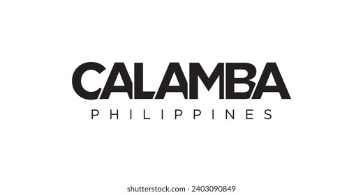 Emblema de Calamba en Filipinas para prensa y web. El diseño presenta estilo geométrico, ilustración vectorial con tipografía audaz en fuente moderna. Letras gráficas de eslóganes aisladas en fondo blanco.