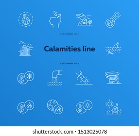 Calamities line icons. Set of line icons. Freezing, wastes in water, smog. Ecology concept. Vector illustration can be used for topics like environment protection, nature