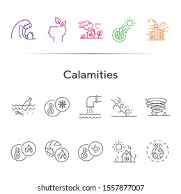 Calamities line icons. Set of line icons. Freezing, wastes in water, smog. Ecology concept. Vector illustration can be used for topics like environment protection, nature