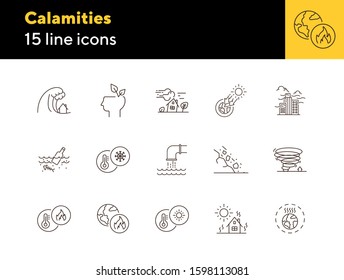 Calamities line icons. Set of line icons. Freezing, wastes in water, smog. Ecology concept. Vector illustration can be used for topics like environment protection, nature