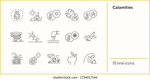 Calamities line icons. Set of line icons. Freezing, wastes in water, smog. Ecology concept. Vector illustration can be used for topics like environment protection, nature
