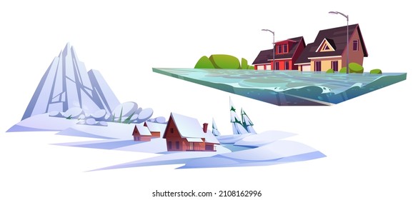 Calamity, natural disasters flood and snow avalanche nature cataclysms icons with houses, water flow or snowslide. Extreme weather consequences in mountain resort and town, Cartoon vector illustration