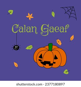 Calan Gaeaf illustration, poster, banner, postcard. Pumpkin, spider, autumn leaves on violet background. Celebrate on November 1. Vector