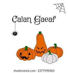 Calan Gaeaf poster illustration. Pumpkins, spider groovy characters on white background. Vector