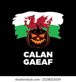 Calan Gaeaf tradicional galês festival cartaz vetor ilustração. Assustador brilhante abóbora de Halloween e grunge galês bandeira ícone vetor em um fundo preto. 1 de novembro. Dia importante