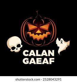 Calan Gaeaf tradicional galês festival cartaz vetor ilustração. Fantástico brilhante abóbora de Halloween, fantasma e crânio ícone definido em um fundo preto. Modelo para plano de fundo, banner, cartão. 1 de novembro