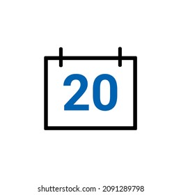 Calander icon showing date 20 isolated on white background