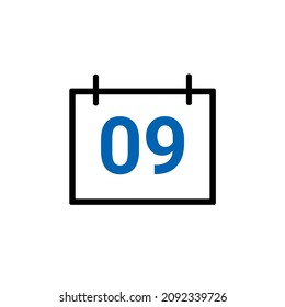 Calander icon showing date 9 isolated on white background