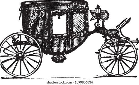 Calash is a light carriage on low wheels seats 4 inside and can through a movable top and front be used as either a closed or open vehicle, vintage line drawing or engraving illustration.