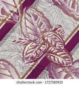 Calathea Flower. Leaves. Vegetation. Seamless vector pattern with flowers, lines and geometry. Hand drawing.