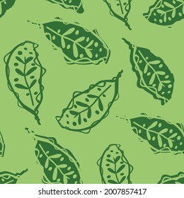 Calathea leaf vector seamless pattern background. Stylised linocut effect green tropical foliage backdrop. Scattered decorative botanical leaves design. Painterly hand drawn floral jungle repeat.