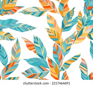 Calathea leaves floral vector seamless pattern. Exotic striped tropical foliage. Fabric print with liana twigs. Summer endless pattern with tropical leaves. Wallpaper cute design