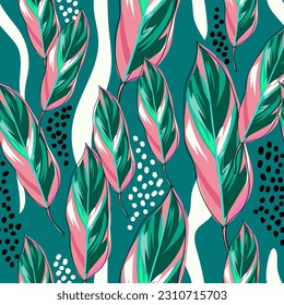 Calathea stromanthe lässt nahtloses Muster. Tropische bunter Blätter, abstrakte Formen und Punkte. Muster in Rosa und Smaragdfarben. Design für Hintergrund, Mode, Stoff, Tapete, Geschenkverpackung, Texti