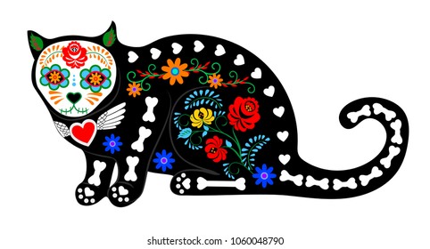 Calavera cat isolated on white for Mexican Day of the dead (Di­a de Muertos)