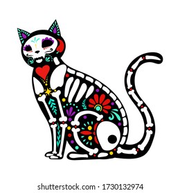 Calavera cat isolated on white for Mexican Day of the dead (Di­a de Muertos)