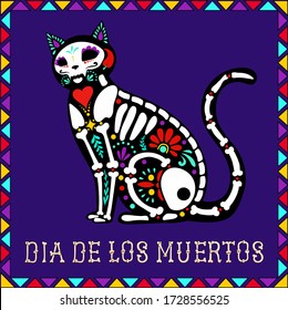 Gato de Calavera sobre fondo morado con un marco y la inscripción Día de Muertos para el Día de los Muertos de México