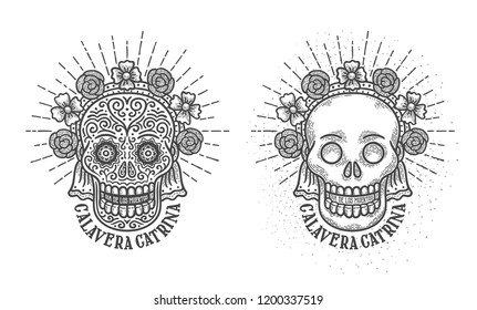 Calavera catrina. Cranium with decorations symbol of mexican holiday dia de los muertos - day of the dead in spanish. Engraving vintage style.