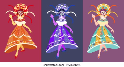 Calavera Catrina dancer - isolated vector, full body picture. Dia de Los Muertos, skeleton woman characters