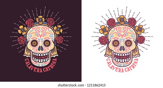 Calavera catrina Dia de los muertos sugar skull symbol with flowers. Day of thw dead retro illustration.