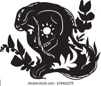 Calavera Catrina. Half skull girl. Haloween design for laser or paper cutting.