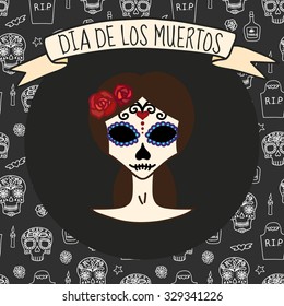 Calavera Catrina on Day of the dead (Halloween) seamless background with skulls, tombstones, tequila, flowers and candles. Vector eps10.