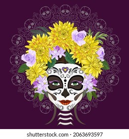 Calavera Catrina, Santa Muerte in a wreath of yellow dahlias and roses, Day of the Dead vector illustration