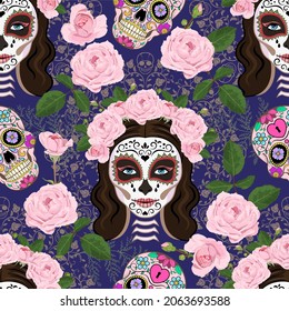 Calavera Catrina in a wreath of pink roses, sugar skulls vector seamless pattern