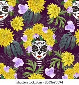 Calavera Catrina in a wreath of yellow dahlias, sugar skulls vector seamless pattern.