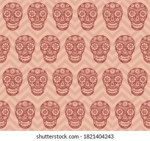 Calavera with chevron, pink retro pattern background. 