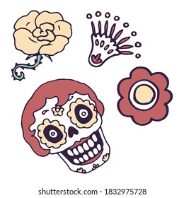 Calavera and flowers on white isolated backdrop. Day of the dead symbol for invitation or gift card, notebook, bath tile, scrapbook Phone case or cloth print Doodle style stock vector illustration