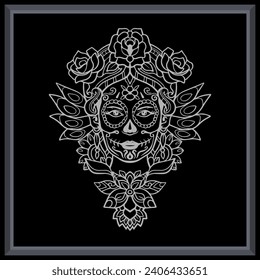 Calavera girl head mandala arts isolated on black background.