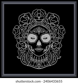 Calavera girl head mandala arts isolated on black background.