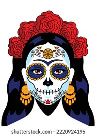 Calavera makeup. Female face sugar skull makeup for mexican Day of Dead. Portrait of character Catrina. Beautiful face Dia de los muertos style or halloween costume. Modern vector illustration