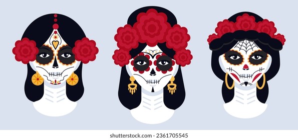 Calavera makeup set. Sugar skull girl. Makeup style for mexican Day of Dead. Dia de los muertos. Halloween modern costume. 3 vector girls with traditional mexican fiesta makeup.