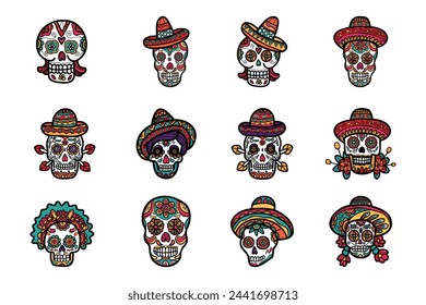 calavera mexican skull hand drawn illustration on background set