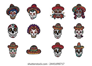 calavera mexican skull hand drawn illustration on background set