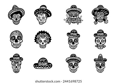 calavera mexican skull hand drawn illustration on background set