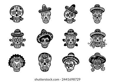 calavera mexican skull hand drawn illustration on background set