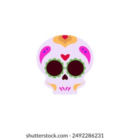 Calavera pintada de Vector de calavera de azúcar ilustración plana. Día mexicano de los muertos. Cráneo decorativo de dibujos animados con patrón floral. Cabeza de máscara facial tradicional para la celebración del Día de los Muertos