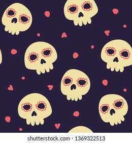 Calavera seamless pattern. Cute traditional Mexican skulls and heart shaped vector elements isolated on dark background. Hand drawn pattern for backgrounds, cards, textile, printing, wrap paper.