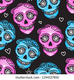 Calavera sign Dia de los muertos. Mexican Day of the dead. Seamless pattern. Vector hand darwing illustration woman and man isolated on dark background