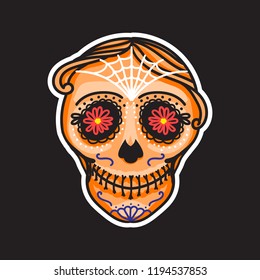 Calavera sign Dia de los muertos. Mexican Day of the dead. Vector hand drawing illustration man isolated on dark background. Orange color