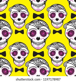 Calavera sign Dia de los muertos. Mexican Day of the dead. Seamless pattern. Bright Vector hand darwing illustration man isolated on yellow background