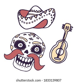 Calavera skull, guitar on white isolated backdrop. Day of the dead symbol for invitation or gift card, notebook, bath tile, scrapbook Phone case or cloth print Doodle style stock vector illustration