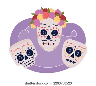 Calavera skull masks 2D vector isolated illustration. Dia De Los Muertos decorations flat objects on cartoon background. Halloween costumes colourful editable scene for mobile, website, presentation