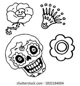 Calavera skull on white isolated backdrop. Santa muerte symbol for invitation or gift card, notebook, bath tile, scrapbook. Phone case or cloth print art. Doodle style stock vector illustration